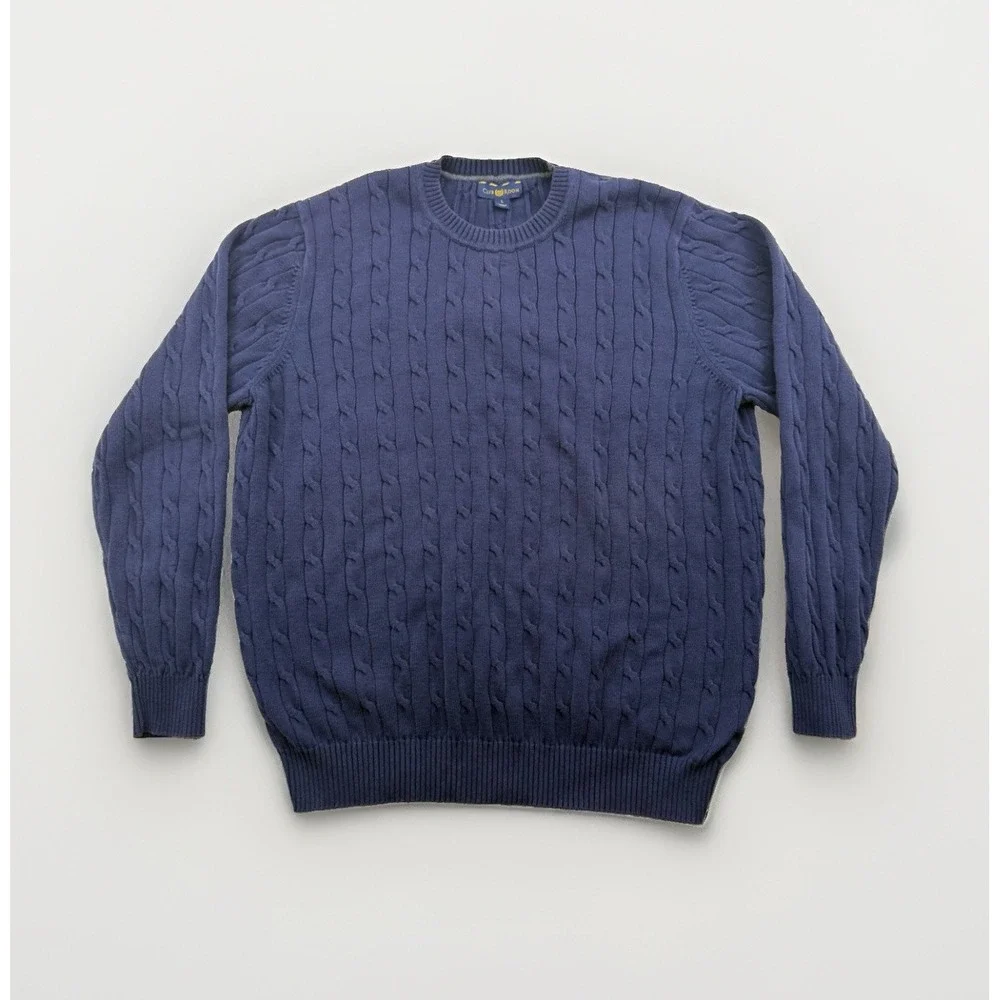 Club Room Navy Blue Cable-Knit Sweater Pullover Men's Large 100% Pima Cotton